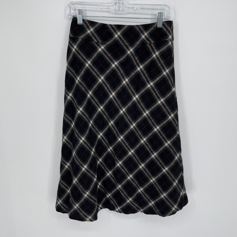 Talbots Women's Black Tartan Plaid Wool Blend A-Line Midi Skirt Size 2P Petite